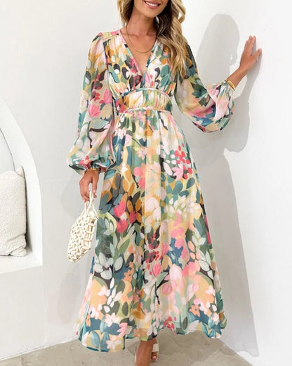 Elegant Floral Print V-Neck Long Sleeve Midi Dress