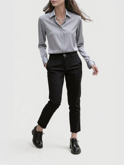 Women's Navy Satin Button-Down Blouse with Concealed Placket