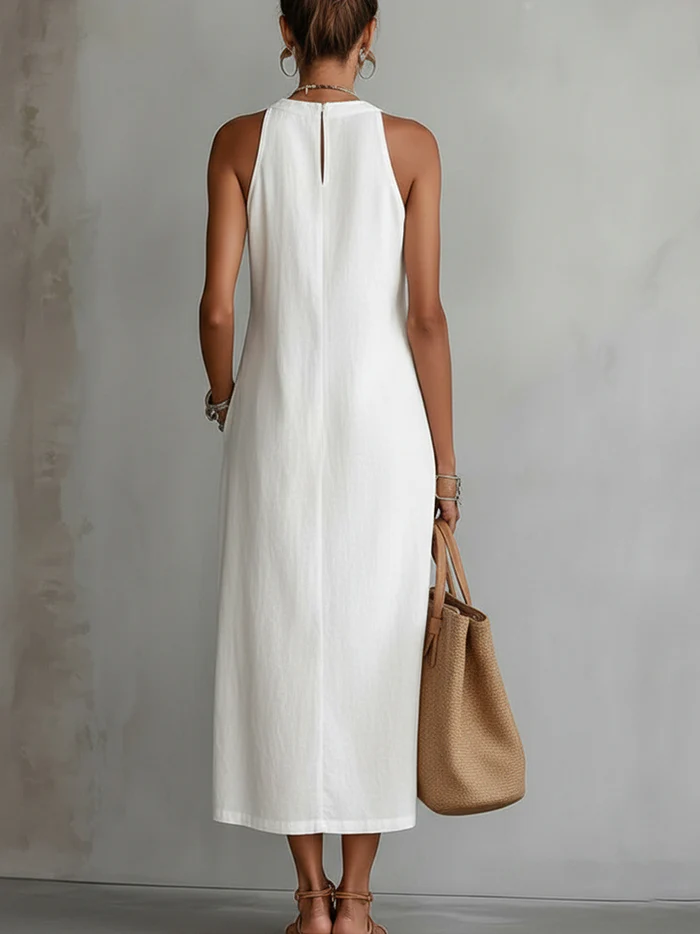 Women's Sleeveless Halter Maxi Dress with Lace Panels and Side Slits