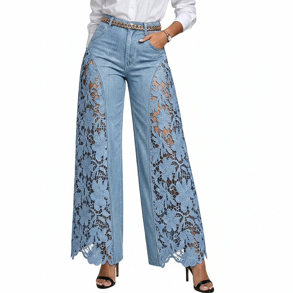 High-waisted Loose-fit Embroidered and Paneled Wide-leg Jeans