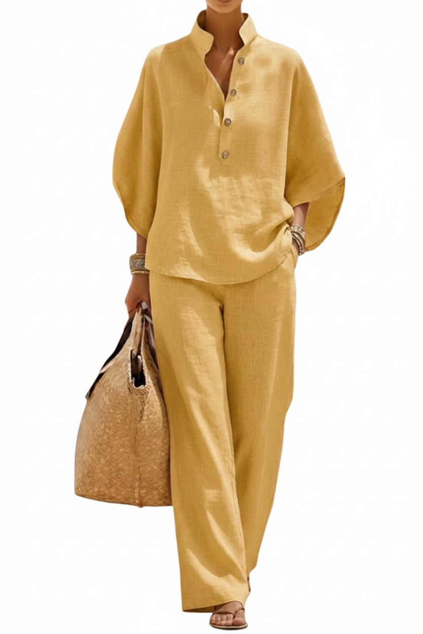 Casual Batwing Sleeve Linen And Cotton Shirt And Trousers Two-piece Set