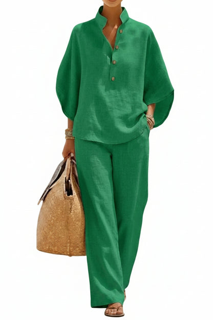 Casual Batwing Sleeve Linen And Cotton Shirt And Trousers Two-piece Set