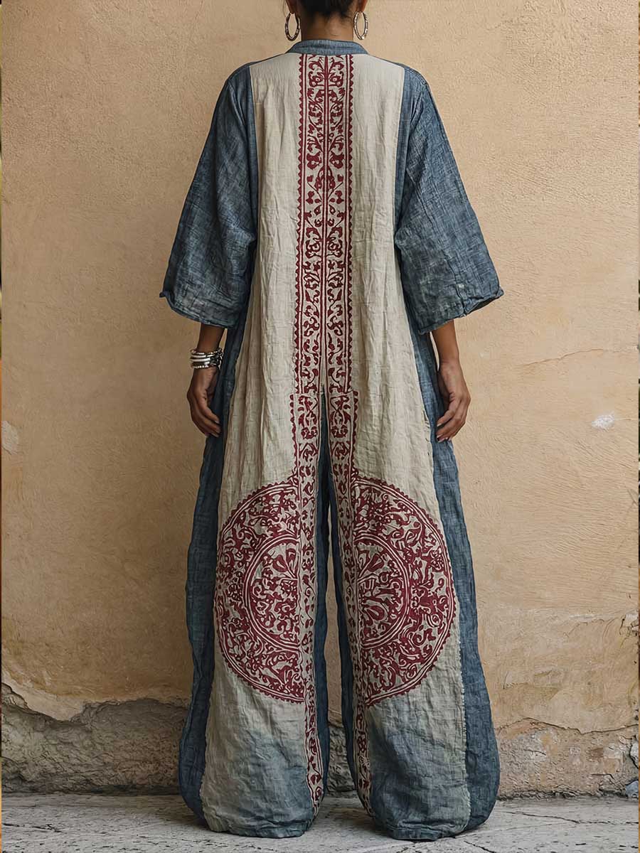Women's Vintage Print V-Neck Cotton-Linen Jumpsuit