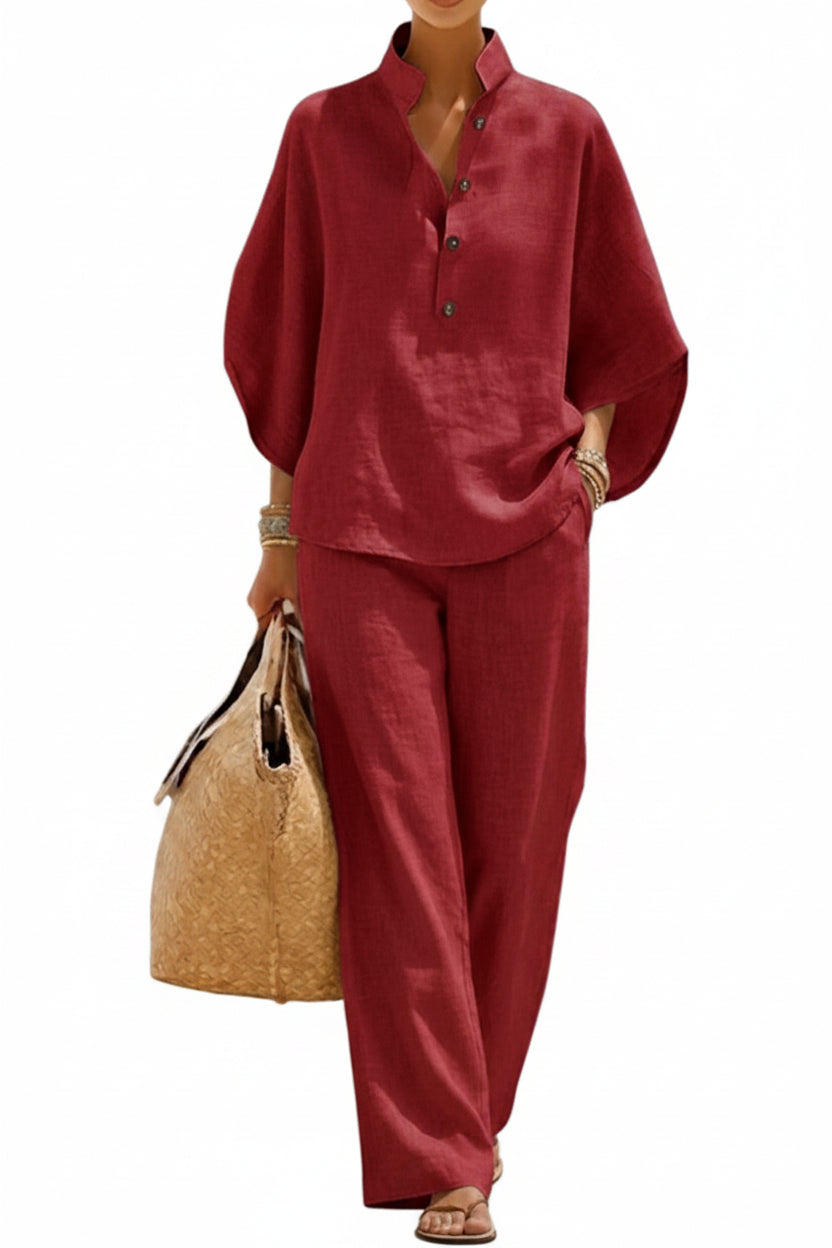 Casual Batwing Sleeve Linen And Cotton Shirt And Trousers Two-piece Set