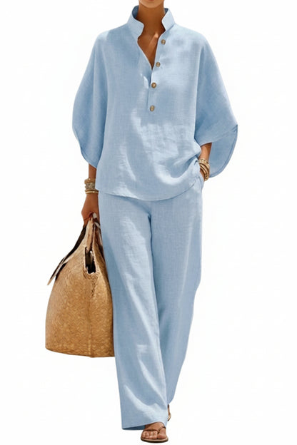 Casual Batwing Sleeve Linen And Cotton Shirt And Trousers Two-piece Set