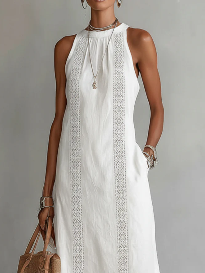 Women's Sleeveless Halter Maxi Dress with Lace Panels and Side Slits