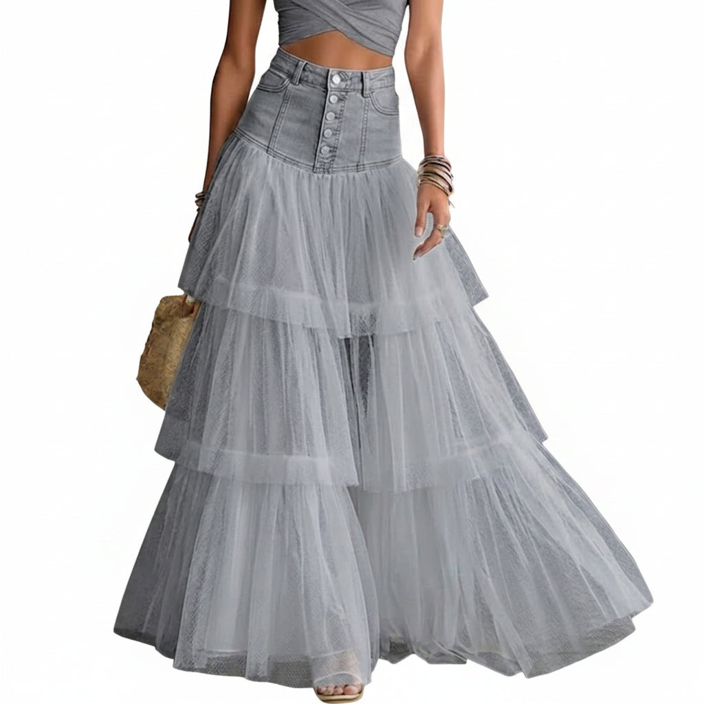 Stylish Casual Spliced mesh Denim Skirt