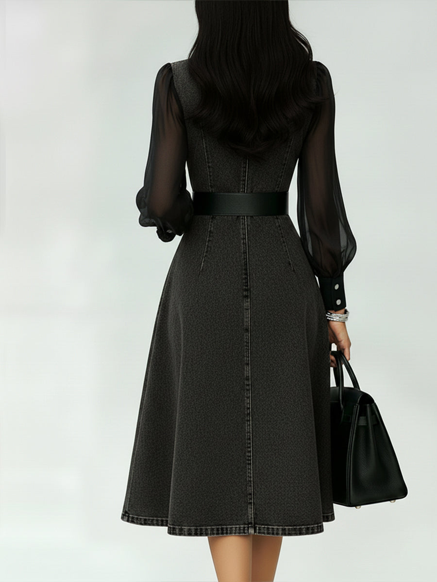 Stylish Denim Dress With Organza Sleeve Panels