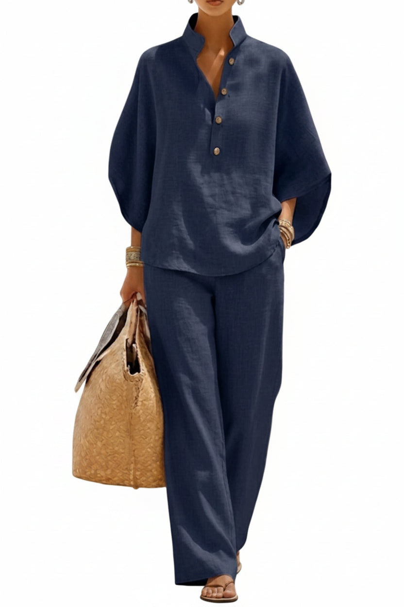 Casual Batwing Sleeve Linen And Cotton Shirt And Trousers Two-piece Set