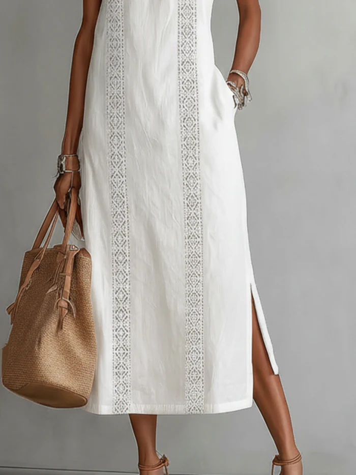 Women's Sleeveless Halter Maxi Dress with Lace Panels and Side Slits