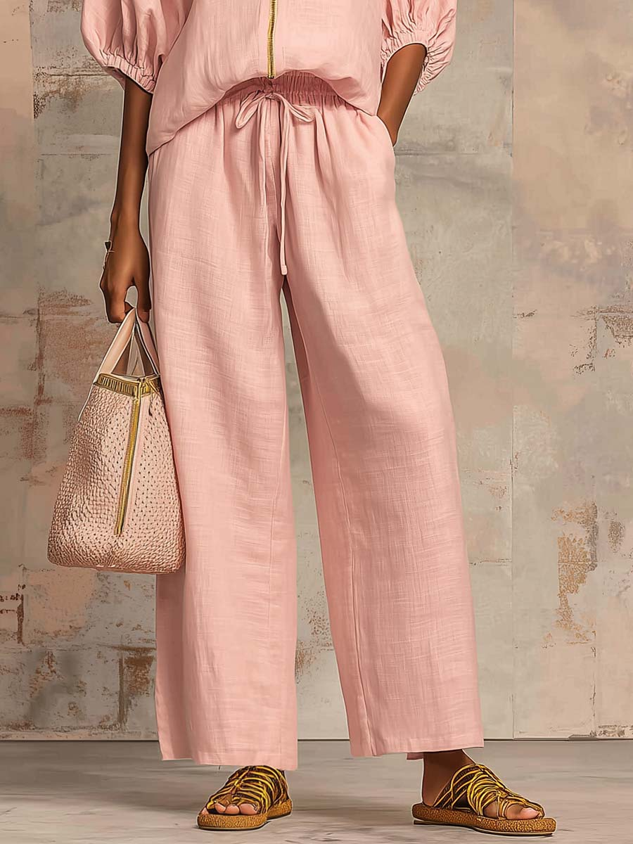 Stylish Cozy Shirt Wide-Leg Pants Linen Cotton Two-Piece Set