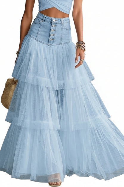 Stylish Casual Spliced mesh Denim Skirt