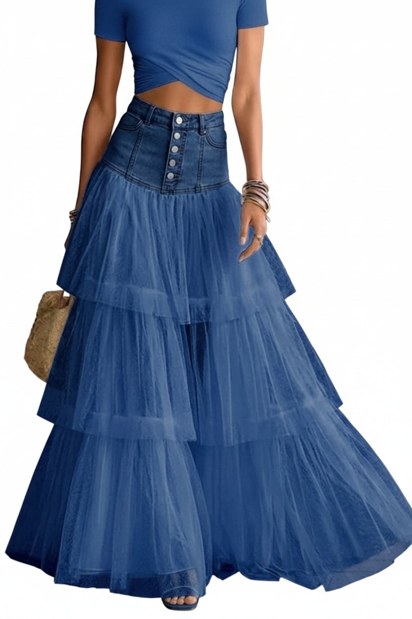 Stylish Casual Spliced mesh Denim Skirt