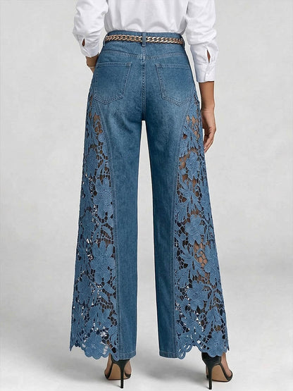 High-waisted Loose-fit Embroidered and Paneled Wide-leg Jeans