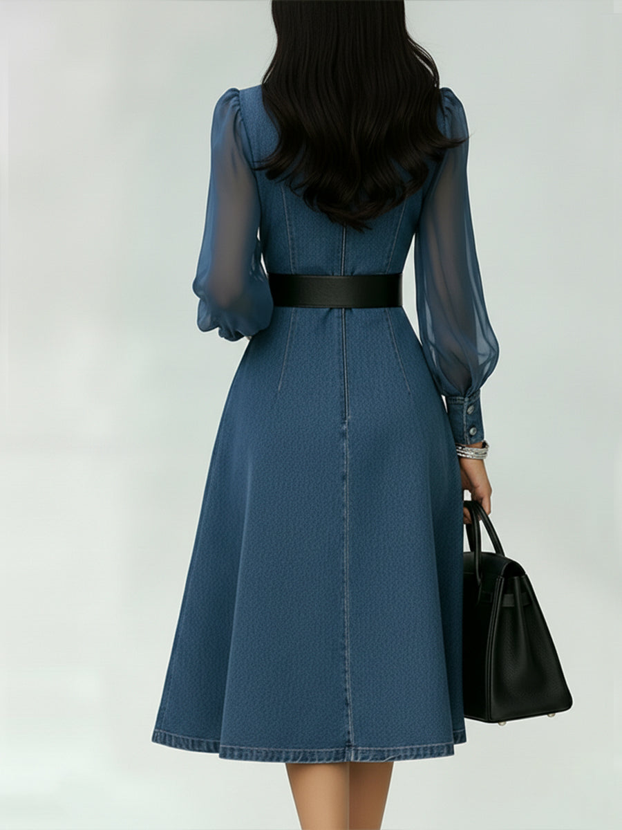 Stylish Denim Dress With Organza Sleeve Panels
