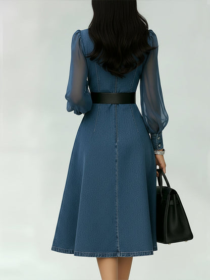 Stylish Denim Dress With Organza Sleeve Panels