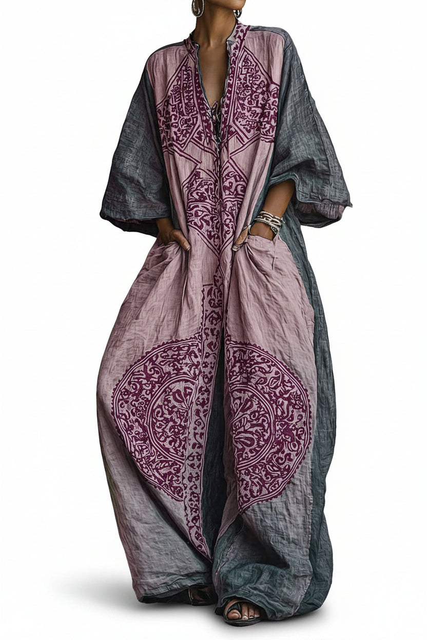 Women's Vintage Print V-Neck Cotton-Linen Jumpsuit