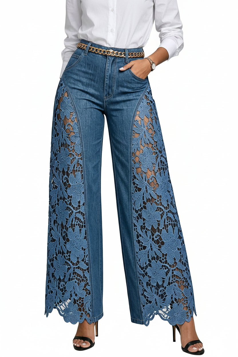 High-waisted Loose-fit Embroidered and Paneled Wide-leg Jeans