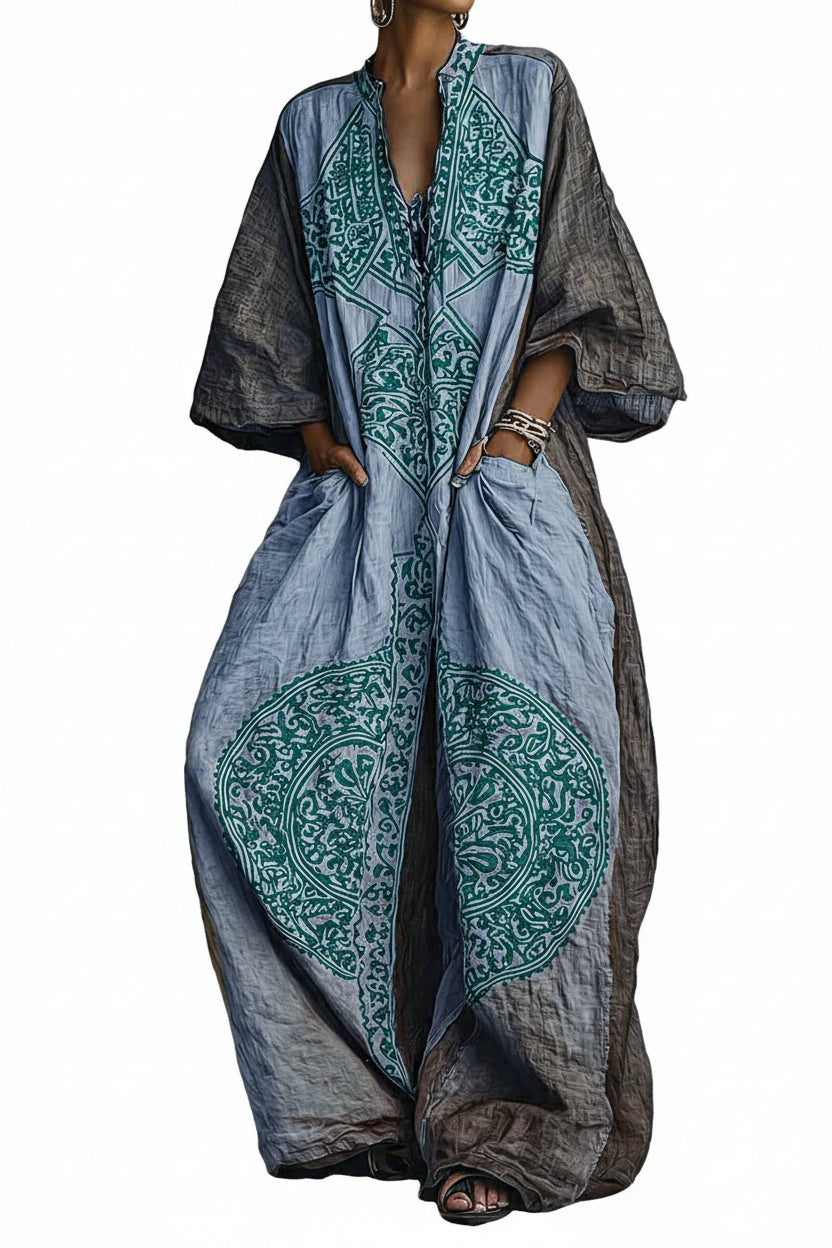 Women's Vintage Print V-Neck Cotton-Linen Jumpsuit