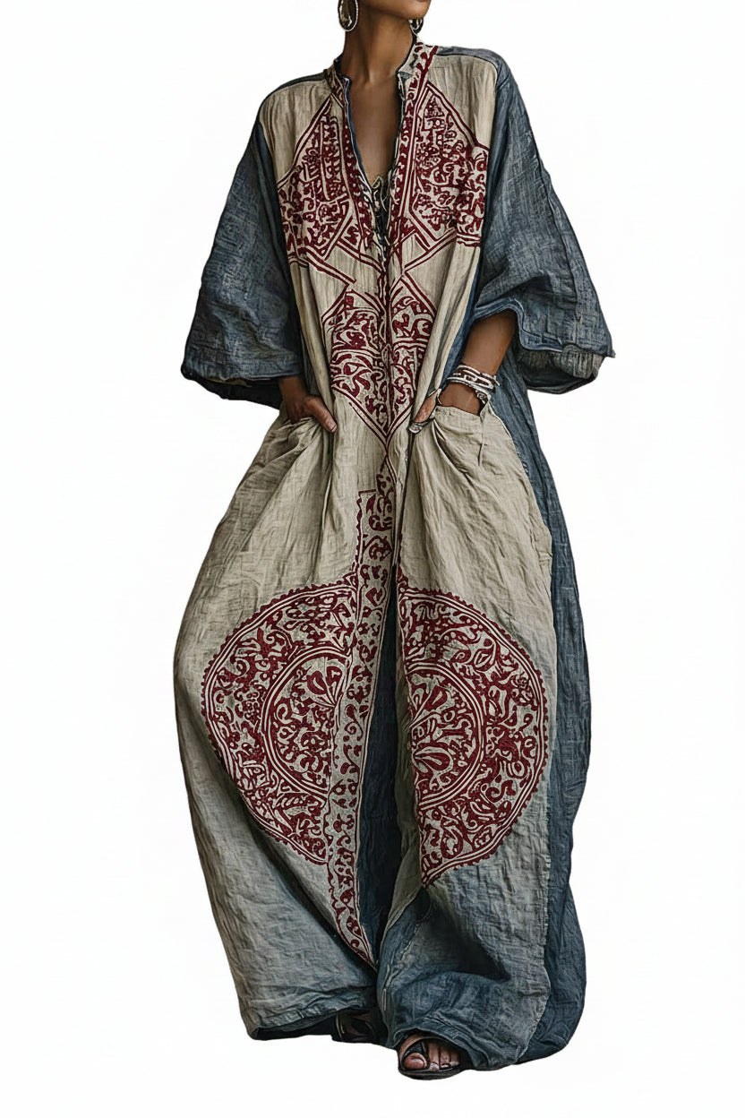 Women's Vintage Print V-Neck Cotton-Linen Jumpsuit