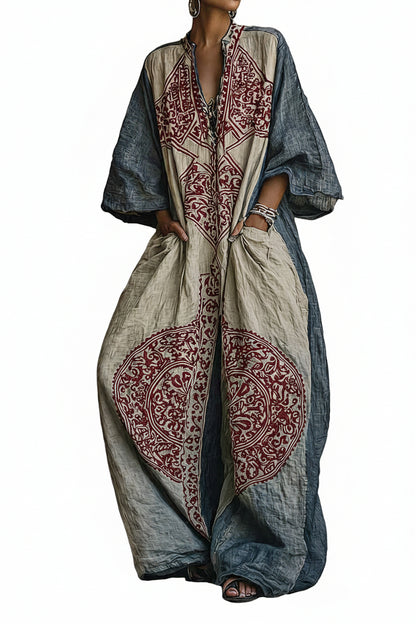 Women's Vintage Print V-Neck Cotton-Linen Jumpsuit