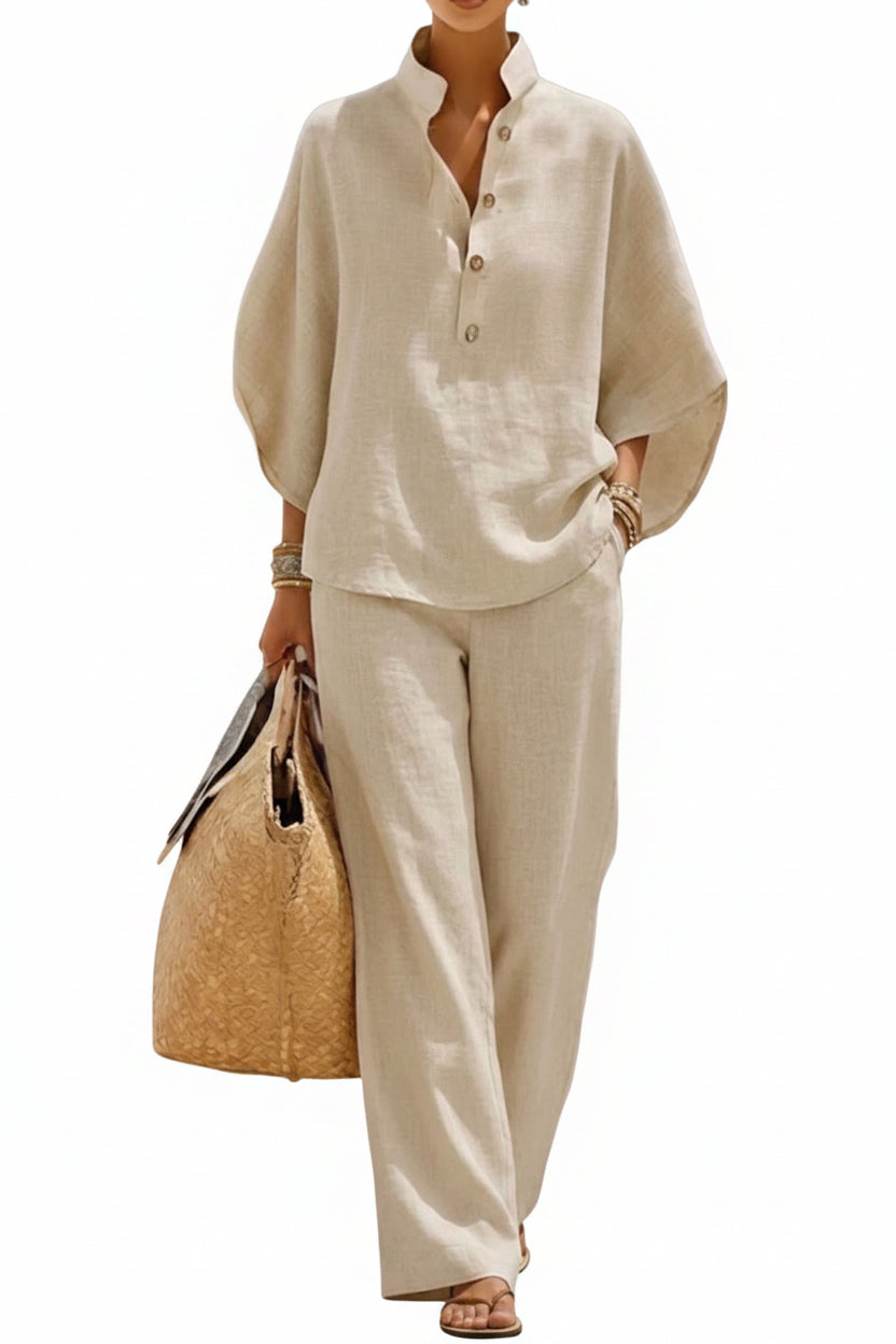 Casual Batwing Sleeve Linen And Cotton Shirt And Trousers Two-piece Set