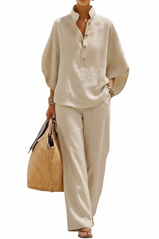Casual Batwing Sleeve Linen And Cotton Shirt And Trousers Two-piece Set