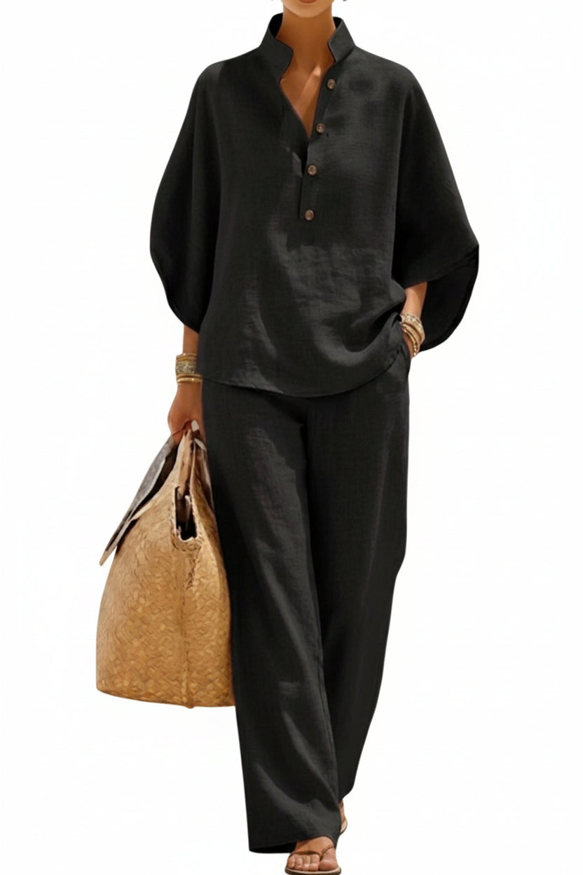 Casual Batwing Sleeve Linen And Cotton Shirt And Trousers Two-piece Set