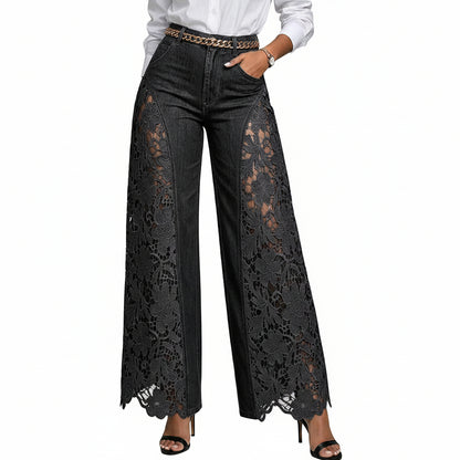 High-waisted Loose-fit Embroidered and Paneled Wide-leg Jeans