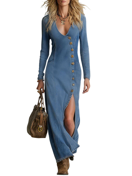 Elegant V-Neck Long-Sleeve Denim Maxi Dress