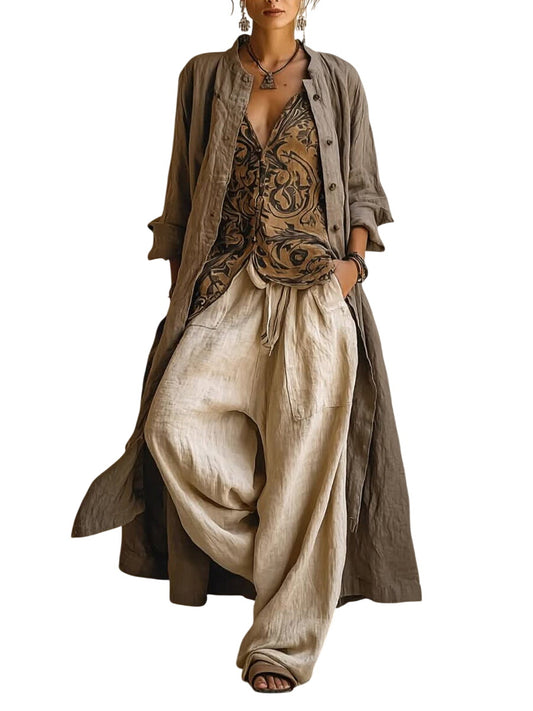 Casual Bohemian Linen Three-piece Set