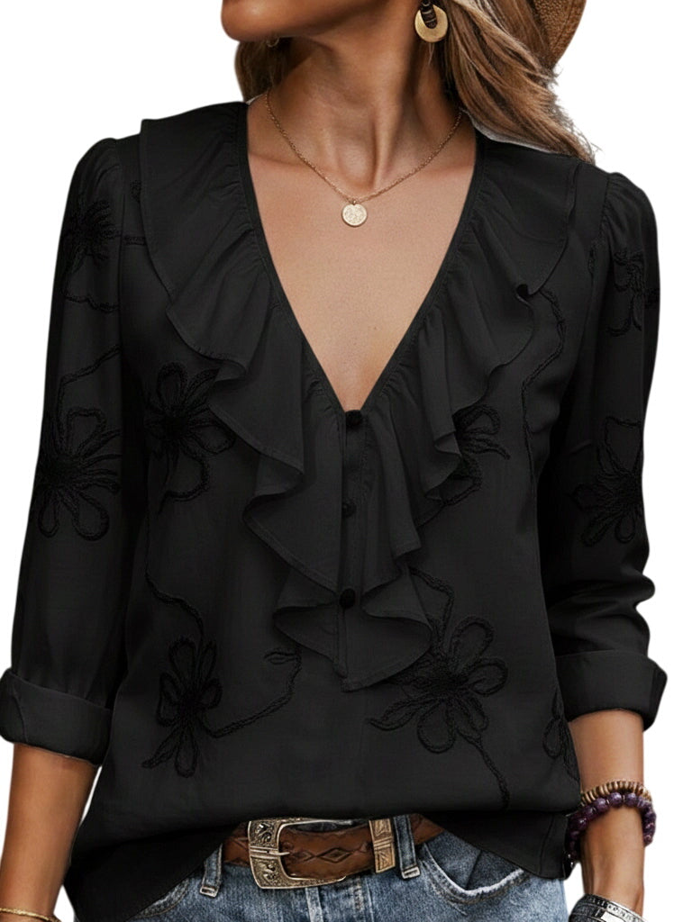 Vintage ruffled V-neck shirt with embroidered flowers