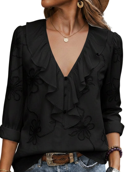 Vintage ruffled V-neck shirt with embroidered flowers