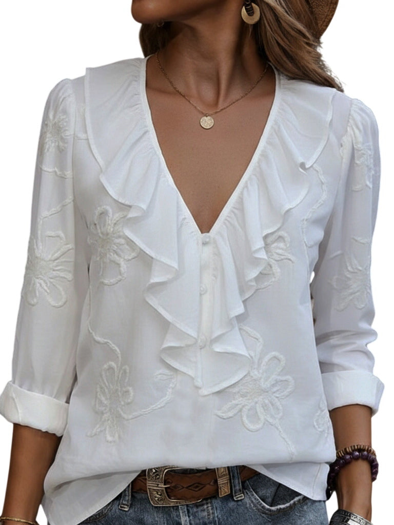 Vintage ruffled V-neck shirt with embroidered flowers