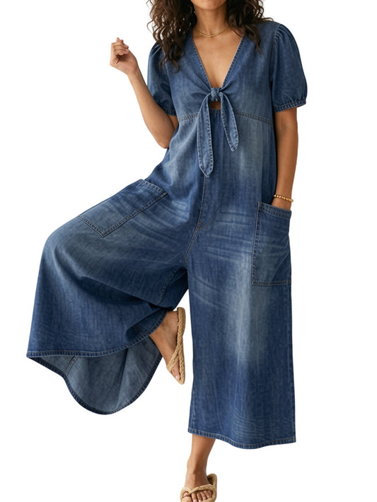 Women's Casual Loose Short-sleeved V-neck Denim Jumpsuit