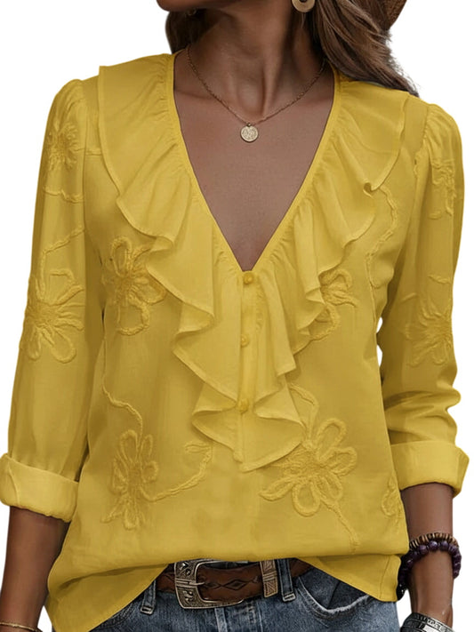 Vintage ruffled V-neck shirt with embroidered flowers
