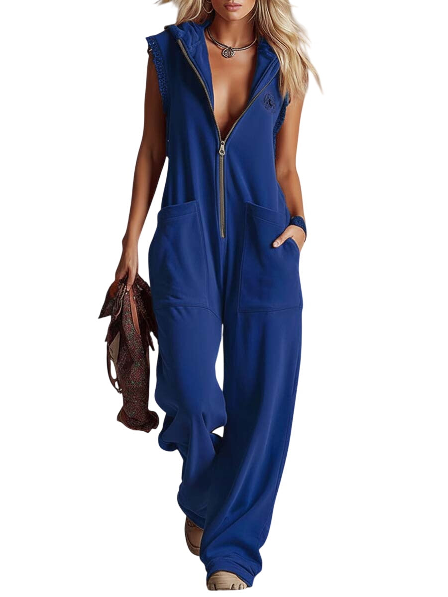 Sporty Hooded V-Neck Jumpsuit with Zipper