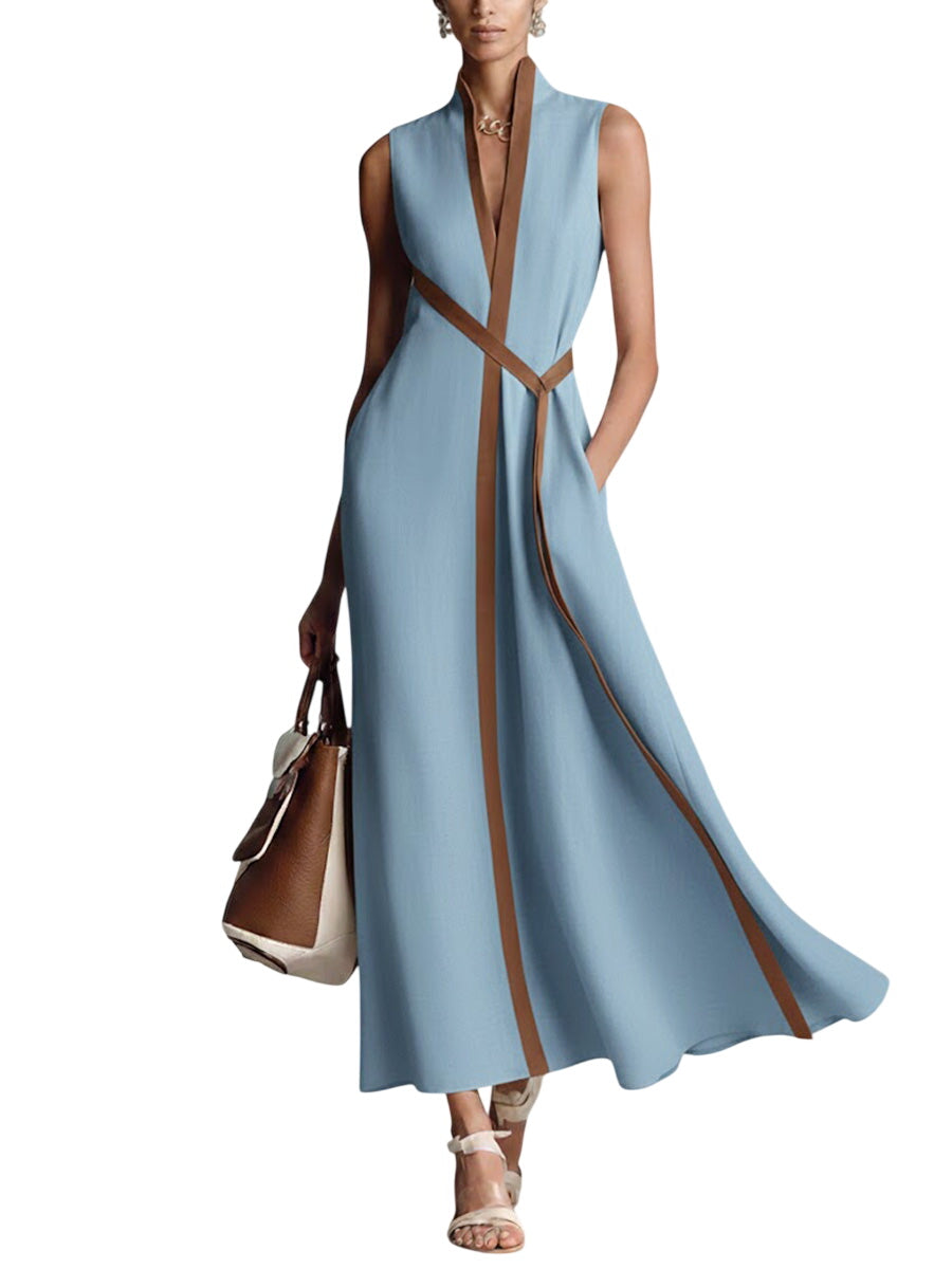 Women’s Stand-Up Collar Sleeveless Casual Loose Cotton and Linen Dress