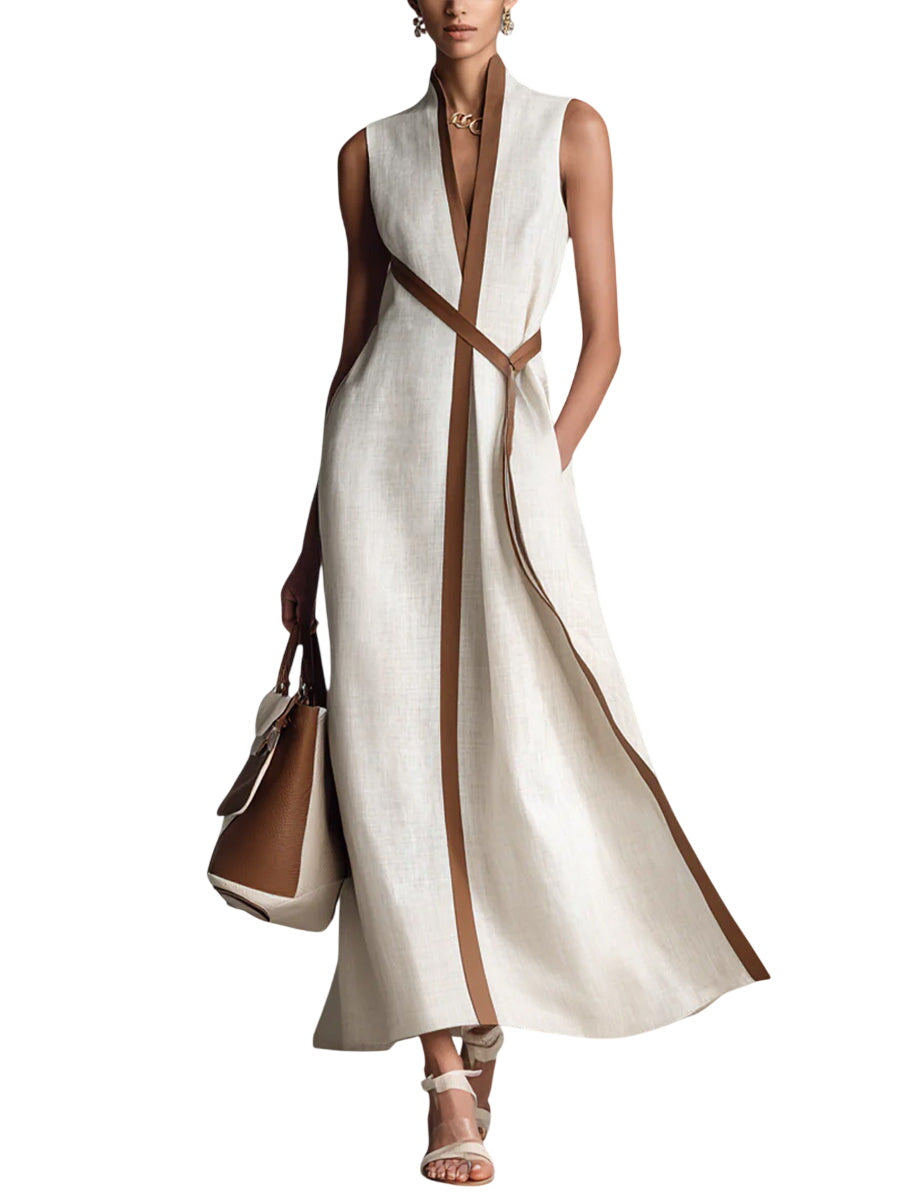 Women’s Stand-Up Collar Sleeveless Casual Loose Cotton and Linen Dress