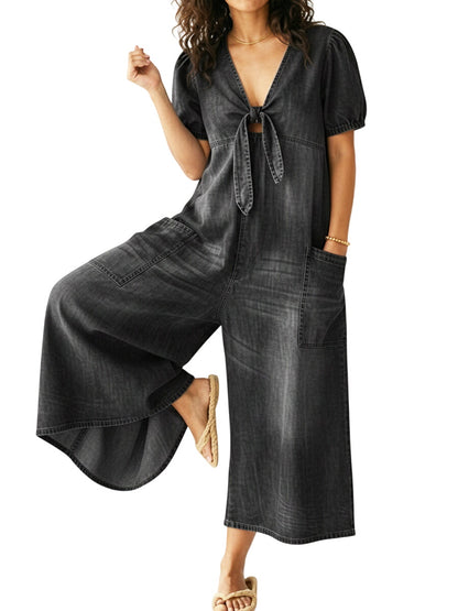 Women's Casual Loose Short-sleeved V-neck Denim Jumpsuit