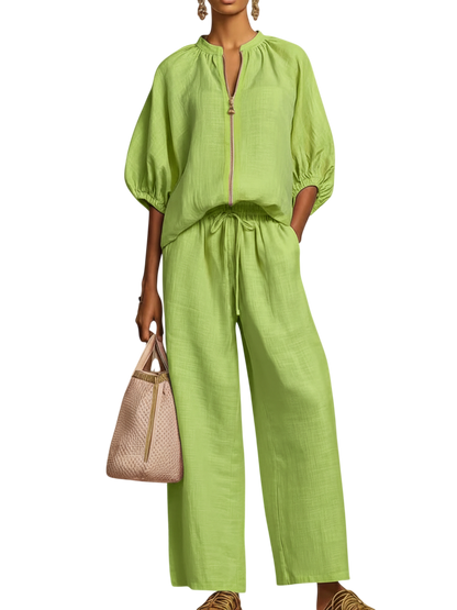 Stylish Cozy Shirt Wide-Leg Pants Linen Cotton Two-Piece Set