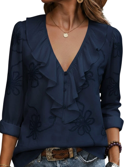 Vintage ruffled V-neck shirt with embroidered flowers