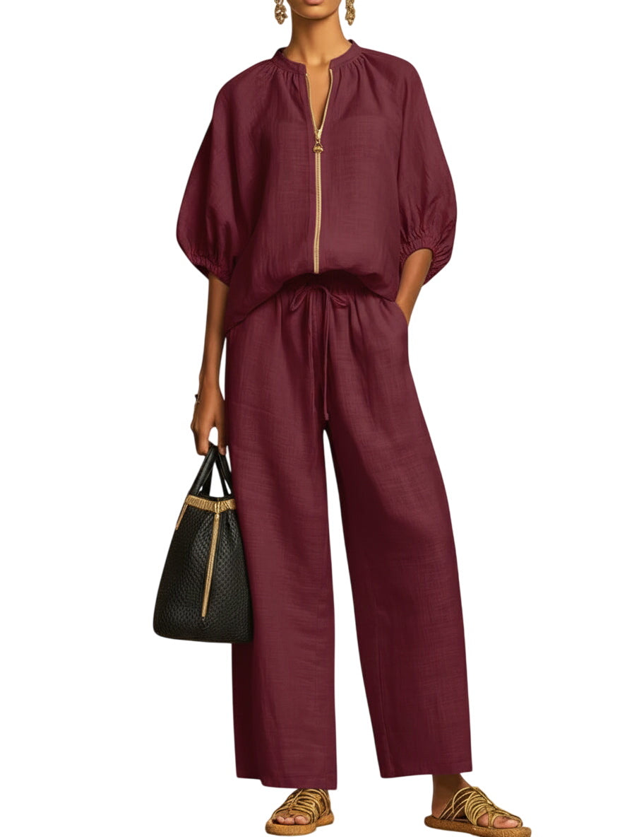 Stylish Cozy Shirt Wide-Leg Pants Linen Cotton Two-Piece Set