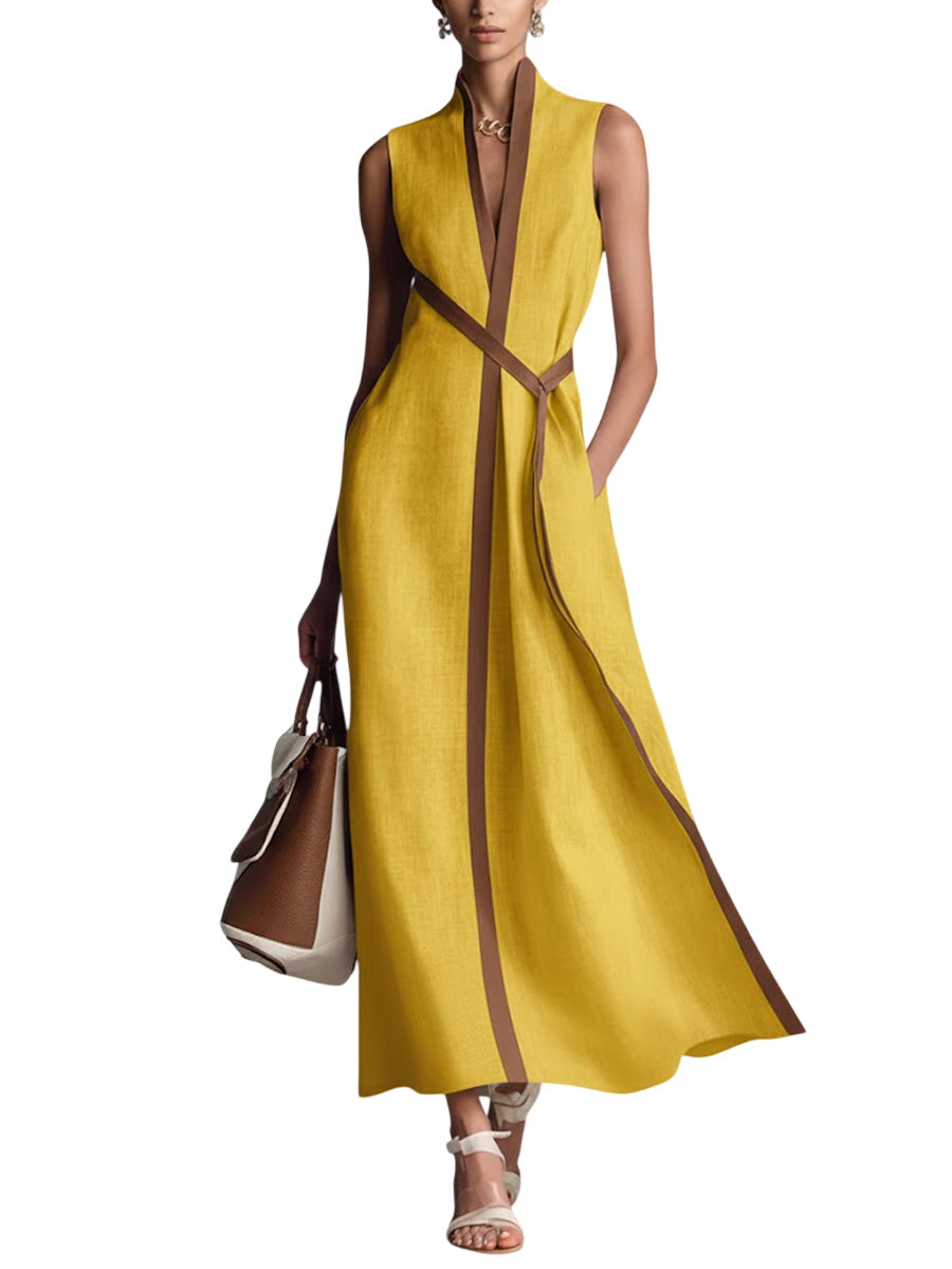 Women’s Stand-Up Collar Sleeveless Casual Loose Cotton and Linen Dress