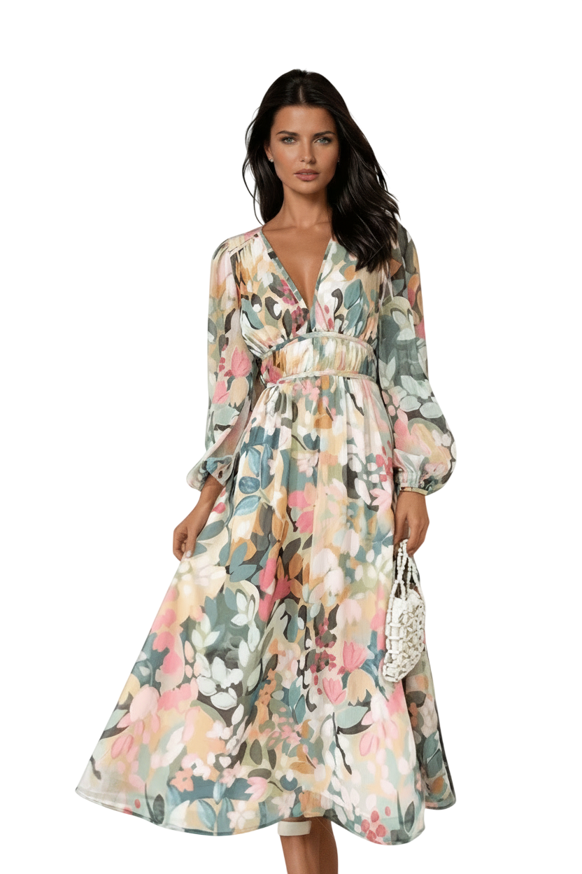Elegant Floral Print V-Neck Long Sleeve Midi Dress