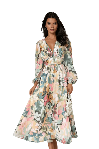 Elegant Floral Print V-Neck Long Sleeve Midi Dress