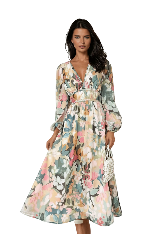 Elegant Floral Print V-Neck Long Sleeve Midi Dress