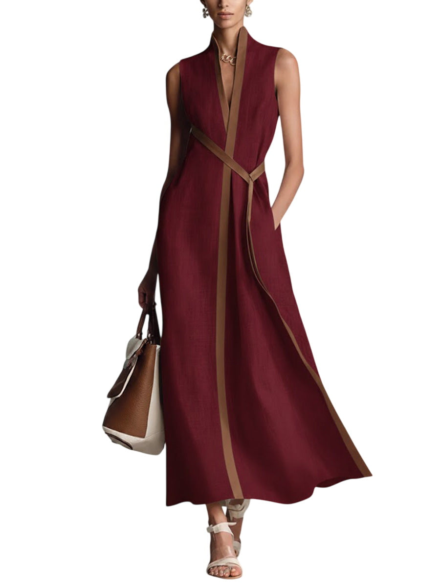 Women’s Stand-Up Collar Sleeveless Casual Loose Cotton and Linen Dress