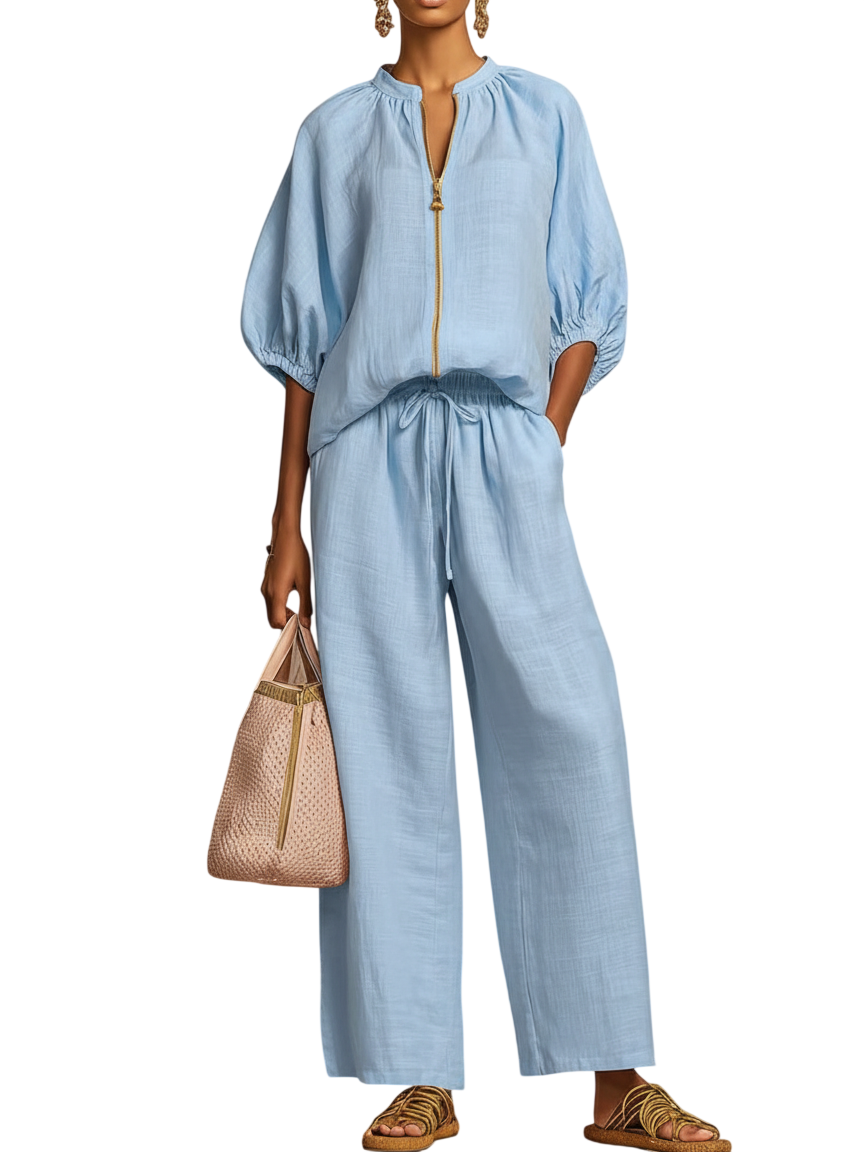 Stylish Cozy Shirt Wide-Leg Pants Linen Cotton Two-Piece Set
