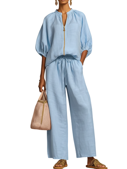 Stylish Cozy Shirt Wide-Leg Pants Linen Cotton Two-Piece Set